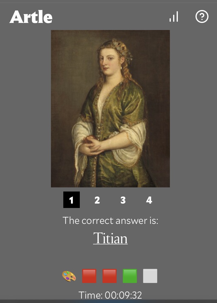 Artle screenshot with Titian's Woman Holding an Apple, a blonde woman in three-quarter view wearing a green robe and holding an apple in her clasped hands